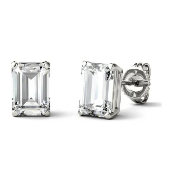 2 Carat DEW Emerald Cut Moissanite Stud Earrings in Sterling Silver (Certified) - Picture 2 of 8